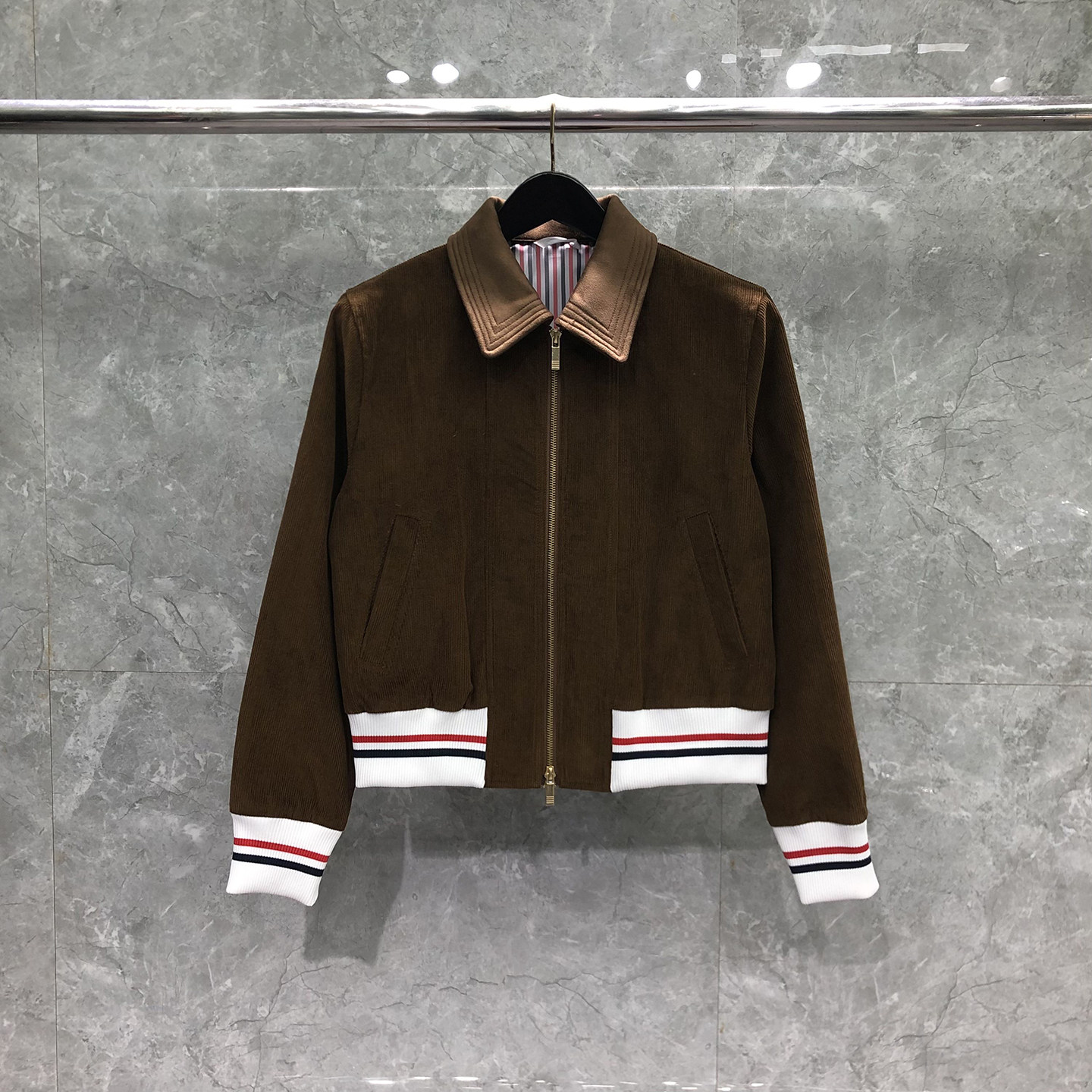 TB毛呢外套女短款拼接灯芯绒翻领潮流修身气质条纹夹克时尚复古潮