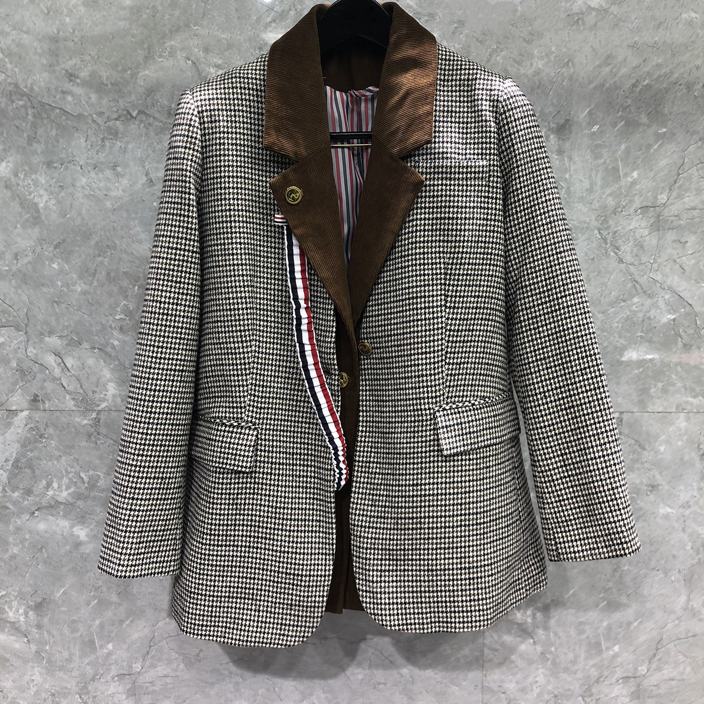 TB老钱风毛呢千鸟格西装灯芯绒马甲套装女时尚高级V领西服两件套