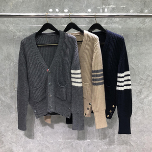 修身 同款 针织羊毛衫 四条杠外套男女情侣装 潮 厚款 TB毛衣粗棒针开衫