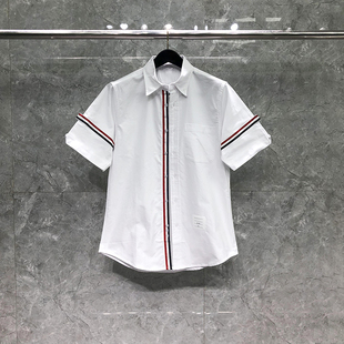 TB正确版本衬衫短袖男牛津纺潮牌休闲织带纯白色半袖衬衣女情侣装