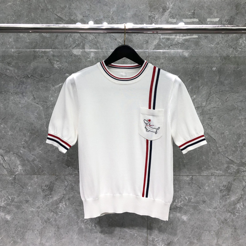 TB冰丝针织短袖T恤女红白蓝口袋小狗修身洋气短款体恤甜辣小上衣