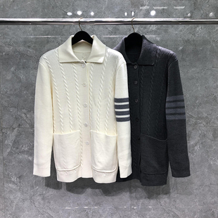 中长款 TB慵懒风复古宽松显瘦翻领外搭长袖 麻花加厚毛衣外套女开衫