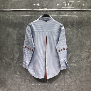 TB条纹衬衫后背纽扣开叉男女双袖织带小狗刺绣高级感长袖衬衣外套