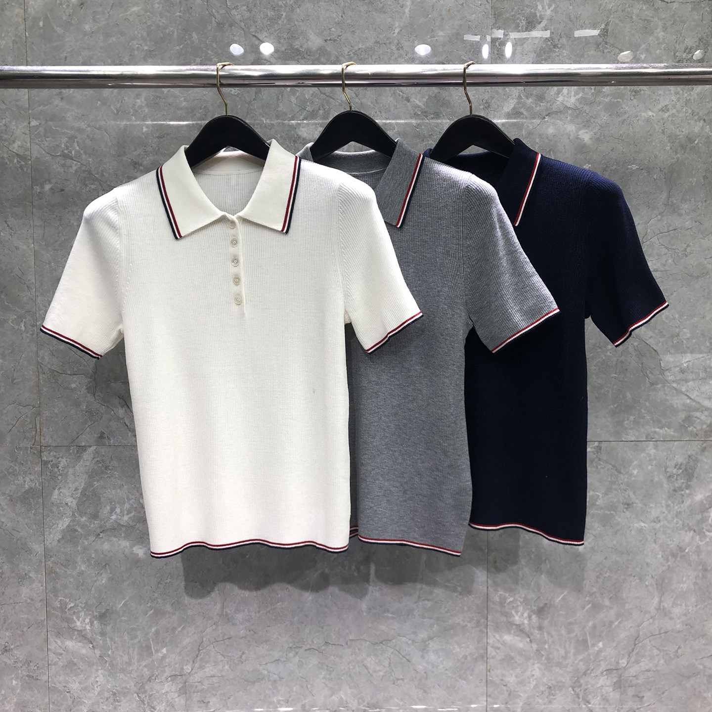 TB红白蓝镶边夏季款POLO领针织衫
