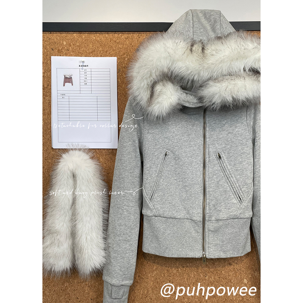 高品质连帽毛领斜襟短外套