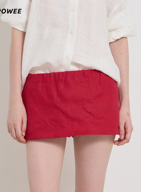 Puhpowee“奢选100%亚麻面料”美式红色假日低腰短裙裤辣妹显腿长