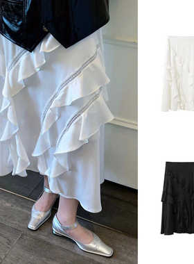 【特价】puhpowee蕾丝不对称斜裁荷叶边开衩半身裙白色不规则长裙