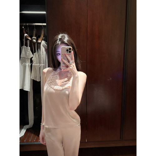 CHU小初/lace蔷薇～醋酸套装 系带挂脖上衣+丝滑长裤