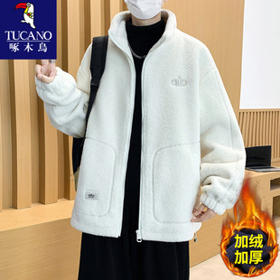 啄木鸟冬季羊羔绒外套男孩初中高中学生加绒加厚夹克大童冬装棉服