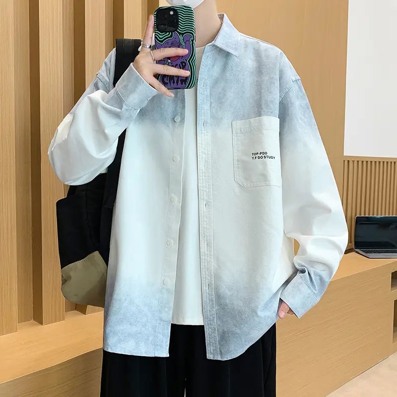 衣品严选青少年服饰春秋新款青少年渐变色衬衫宽松男生百搭款外套