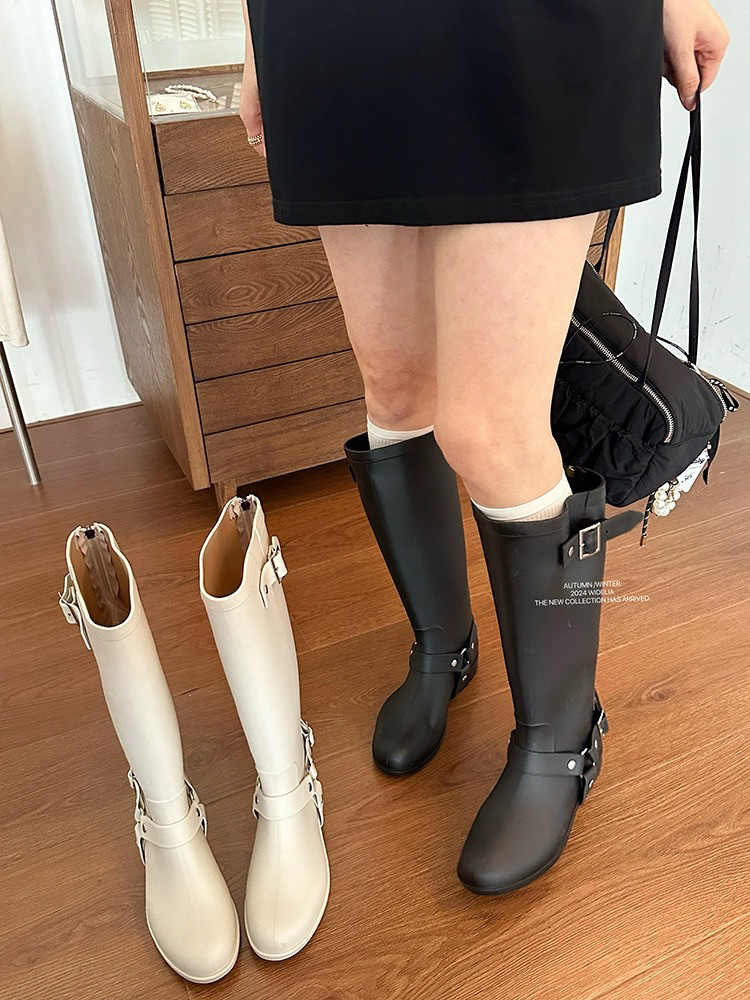 十三行陈姬儿新款高筒雨靴女圆头平底外穿骑士靴皮带扣长靴1819