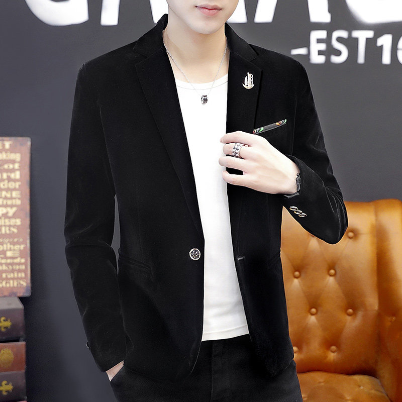 金丝绒休闲西装外套男秋冬加绒加厚韩版修身青年潮流西服纯色单西