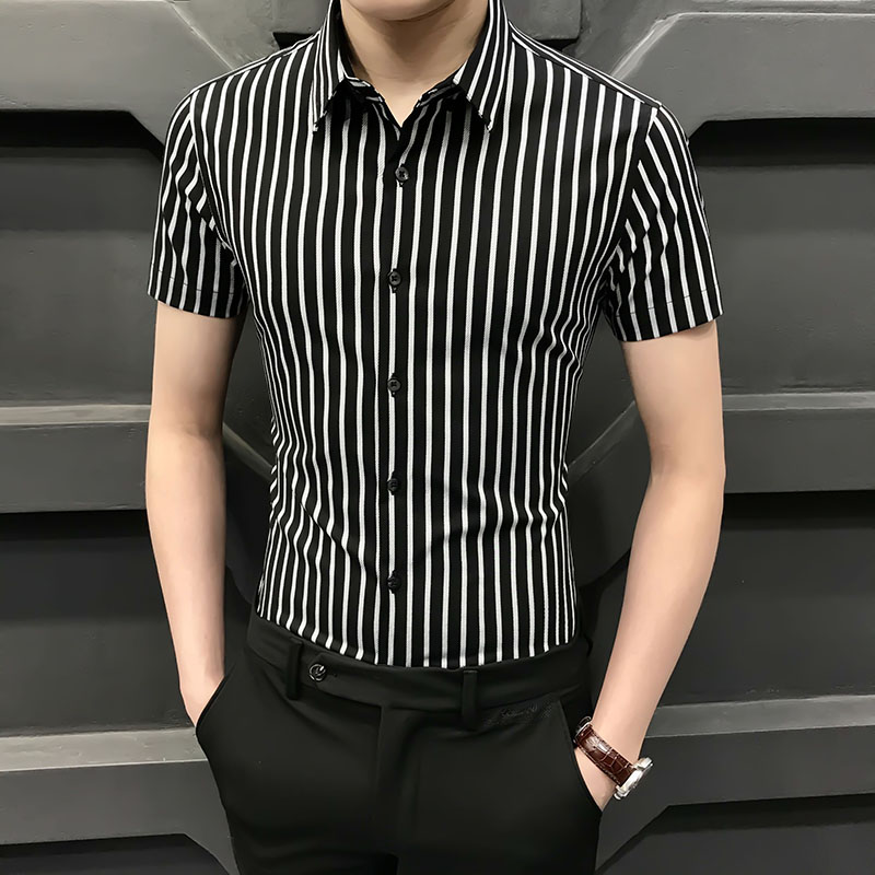潮牌黑白条纹衬衫男短袖修身免熨烫夏季薄款韩版商务休闲高级感衬
