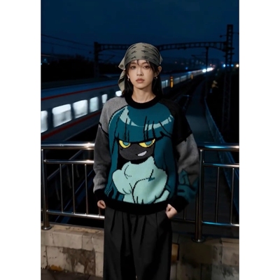 美式卡通哈迪斯懒鬼朵拉慵懒毛衣外套宽松秋冬新款男女套头针织衫