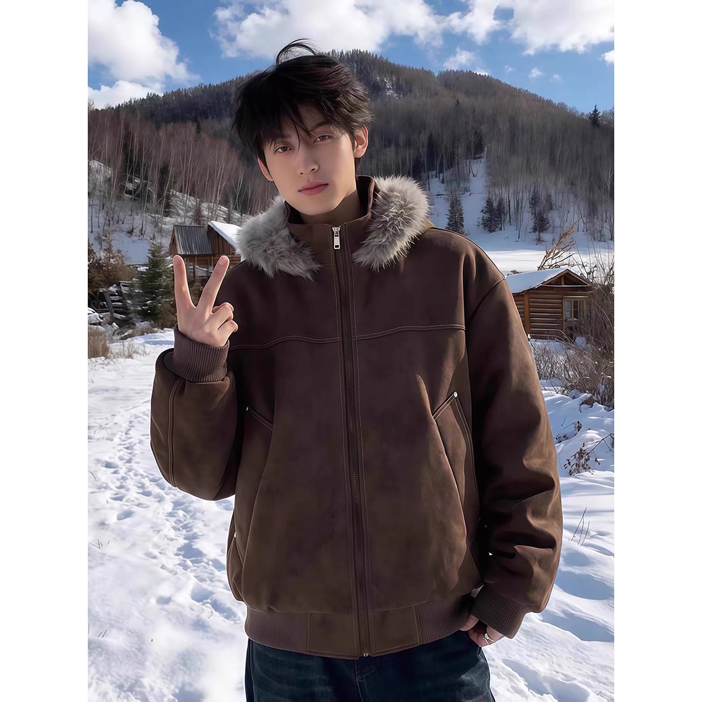 棕色pu皮座山雕棉服男女冬季高级感毛领棉衣加厚防寒保暖连帽外套