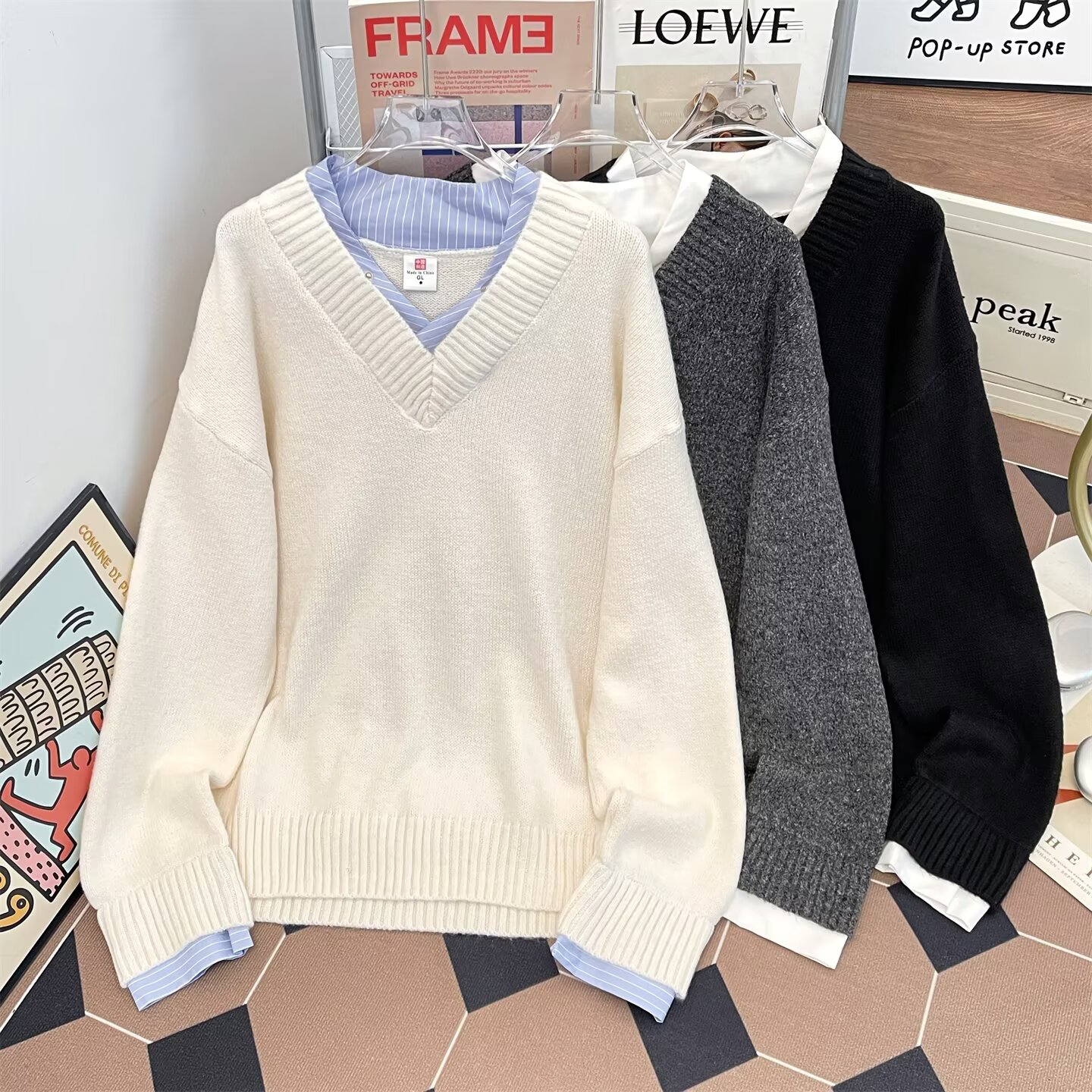 秋冬季潮流假两件毛衣男女慵懒风原宿纯色简约ins情侣气质针织衫