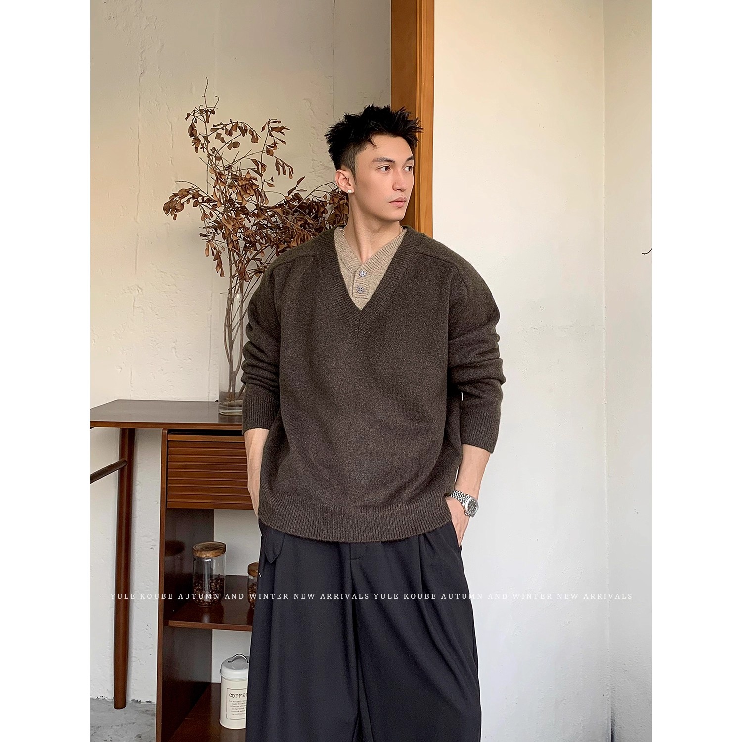 假两件复古拼接V领针织衫男女cleanfit秋冬季新款慵懒风套头毛衣