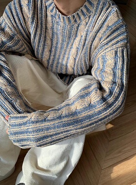 秋冬韩系风格复古NEW VINTAGE正反两面穿牛仔色圆领针织毛衣男士