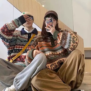 日系polo翻领毛衣男ins复古慵懒风宽松针织衫秋冬潮流套头线衣女