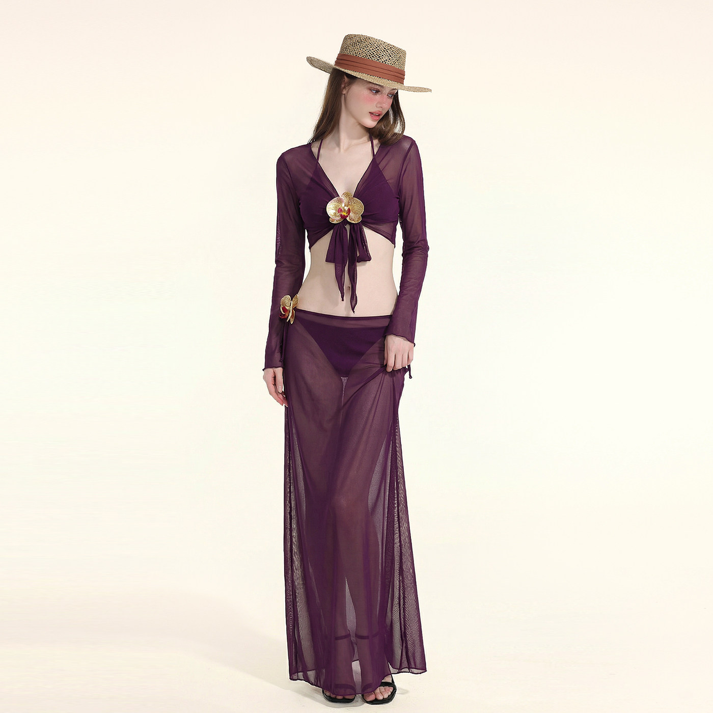 假面猫 紫色泳衣女款泡私汤分体长裙性感小胸聚拢海边度假比基尼