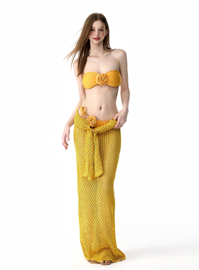 假面猫 泰国泳衣女2026新款绝美黄色抹胸比基尼长裙罩衫温泉度假