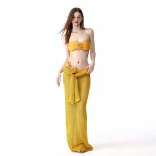 温泉度假 绝美黄色抹胸比基尼长裙罩衫 假面猫 泰国泳衣女2026新款