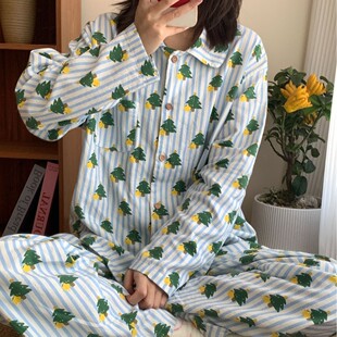 长裤 全棉磨毛小翻领长袖 睡衣可爱少女家居服 上新 条纹星星树