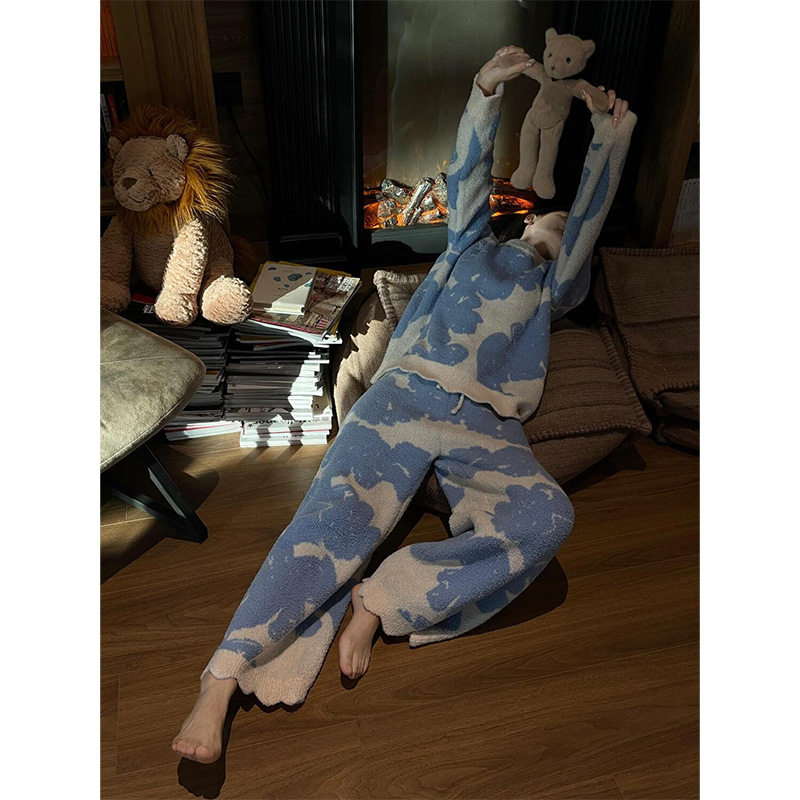 【现货】韩版半边绒长袖睡衣女款冬季加绒加厚保暖针织家居服套装