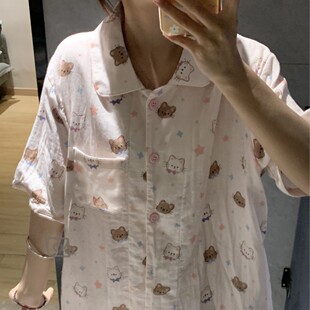 睡衣套装 全棉双层纱2026夏季 短裤 小翻领短袖 宽松舒适家居服 新品