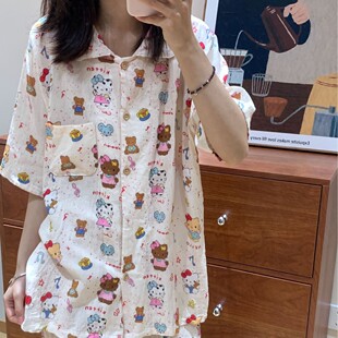 短裤 夏季 全棉双层纱小翻领软萌可爱开衫 家居服套装 睡衣 款 短袖