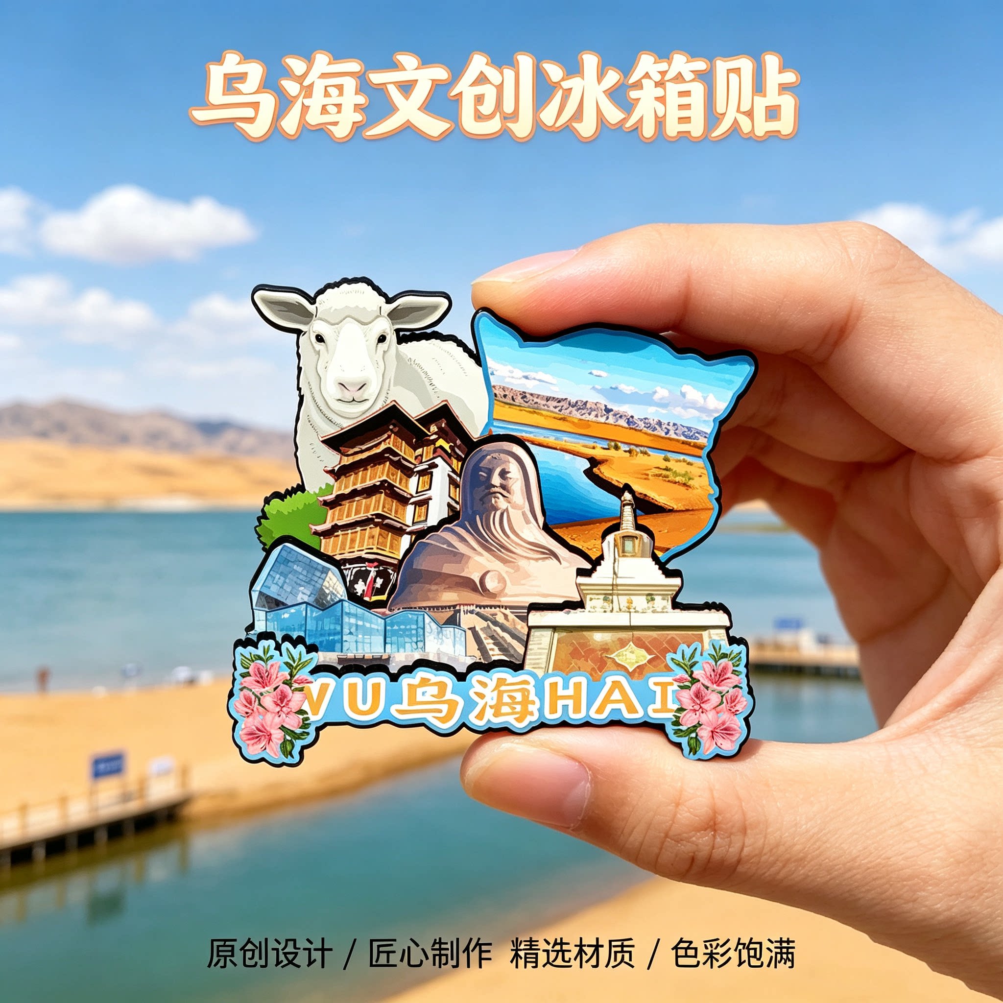 内蒙古乌海木质磁吸冰箱贴乌海湖满巴拉僧庙金沙湾文创纪念伴手礼