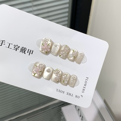 山茶猫眼春夏日小短甲手绘猫眼夏花穿戴甲短款纯手工光疗穿戴美甲