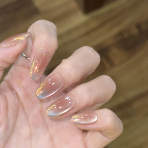 月光美人花校长极光猫眼高亮玻璃月光粉美甲显白清冷感手工穿戴甲