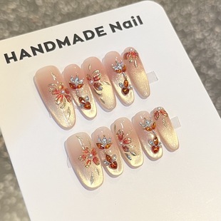 浮光鲤纯手工穿戴甲金色刺绣花瓣新中式 穿戴甲美甲贴 国风锦鲤钻款