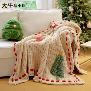 ins风圣诞树半边绒针织毯客厅沙发毯床尾毯节日氛围感装 饰毯子厚