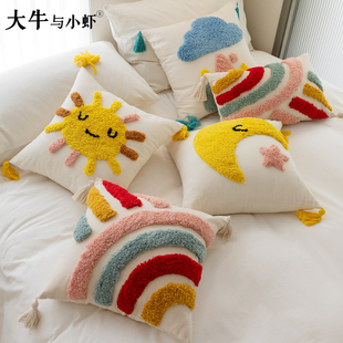 ins儿童房全棉卡通家居流苏可爱簇绒云朵彩虹星星靠垫可拆洗抱枕