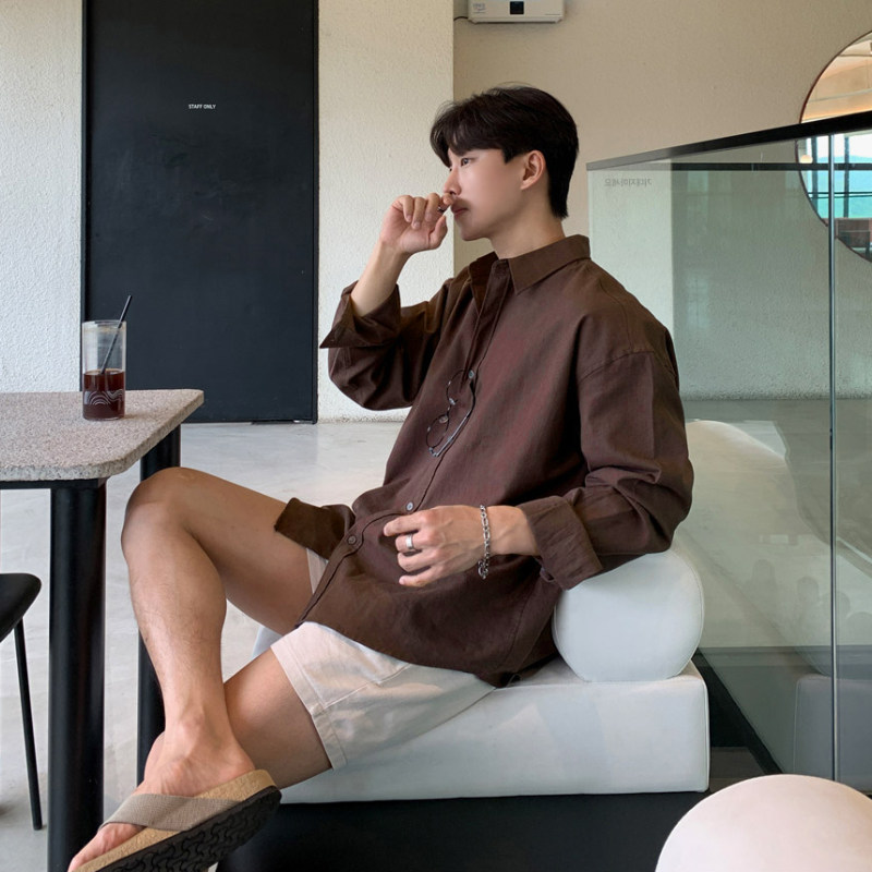 thumbnail for SSUMENAM coffee color shirt long sleeve men's high-end Korean shirt spring and summer loose handsome niche design top