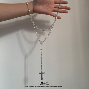珍珠白色十字架项链女长款毛衣链秋冬串珠小众卫衣链哥特亚比配饰