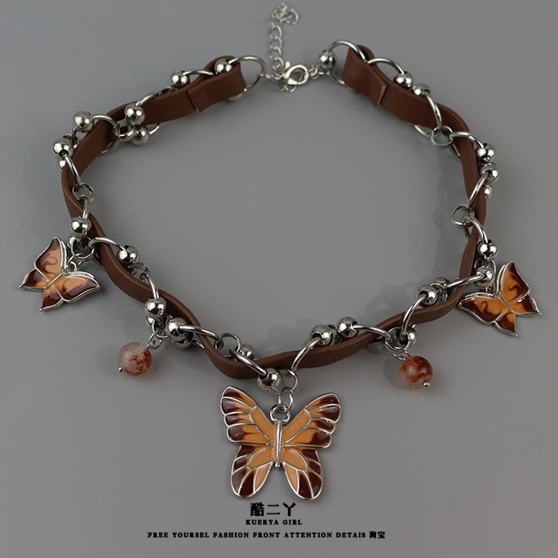 美拉德蝴蝶项链复古棕色chocker