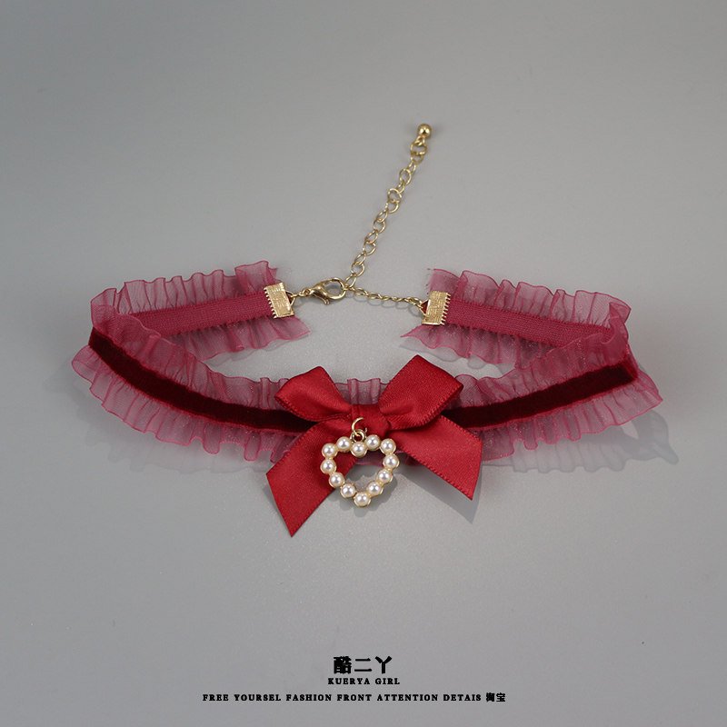 红色蝴蝶结爱心项链高级感锁骨链