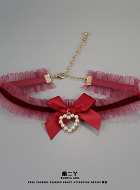 红色蝴蝶结爱心chocker女颈带秋冬项链圣诞颈链洛丽塔锁骨链配饰