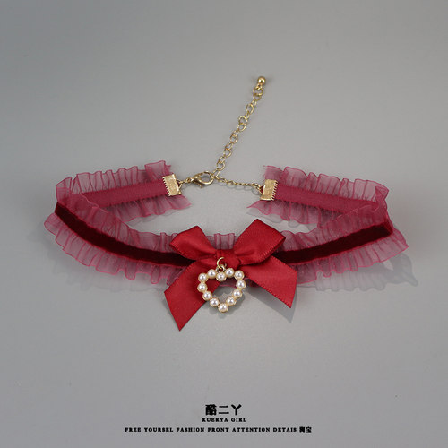 红色蝴蝶结爱心项链高级感锁骨链