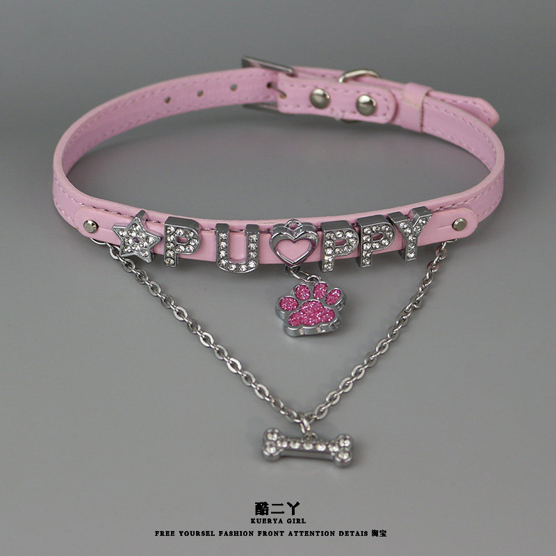 小狗骨头项链粉色choker锁骨链女