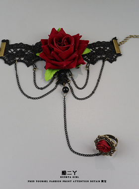 手链朋克玫瑰花蕾丝戒指一体配饰