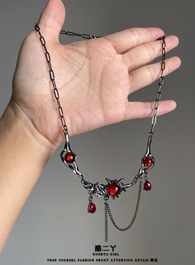 欧美朋克红宝石暗黑金属链条项链