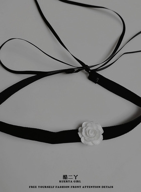 黑色山茶花choker脖子白丝带颈链