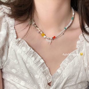 阿七 多巴胺彩色串珠猫咪项链女小清新百搭锁骨链甜美可爱配饰