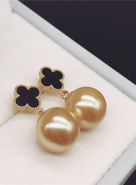 925纯银珍珠粉压制百搭黑色四叶草10-11mm珍珠耳钉耳坠送女友
