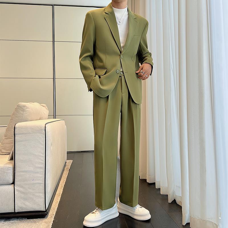 夏季薄款宽松西装男垂感外套休闲痞帅两粒扣西服男阔腿长裤套装潮