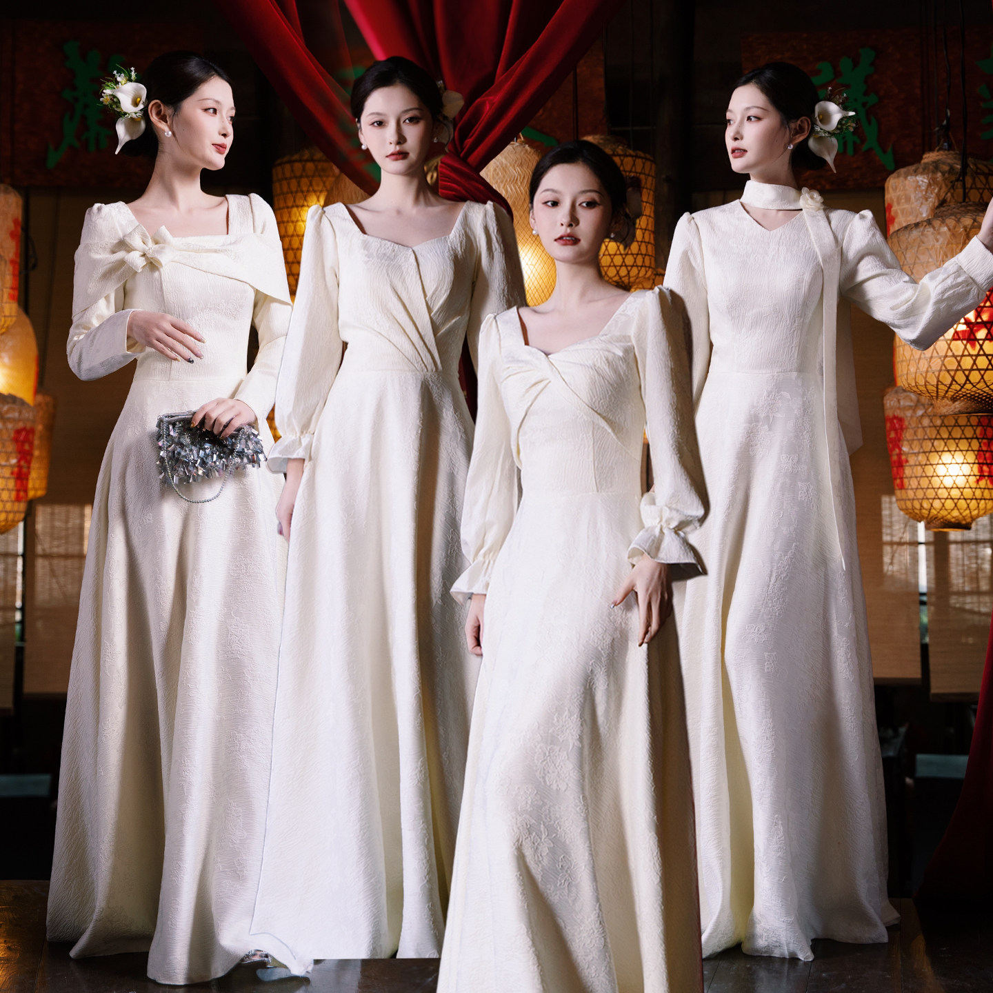 复古温柔长袖深V伴娘晚礼服冬季